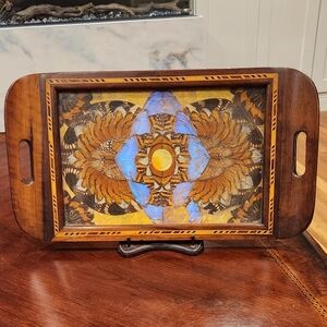 Vintage Inlaid Wood Tray with Butterfly Wings